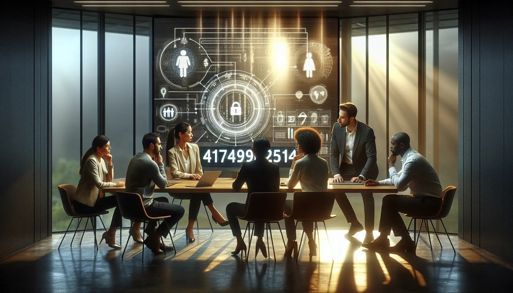 professionals discussing data privacy in a modern conference room.