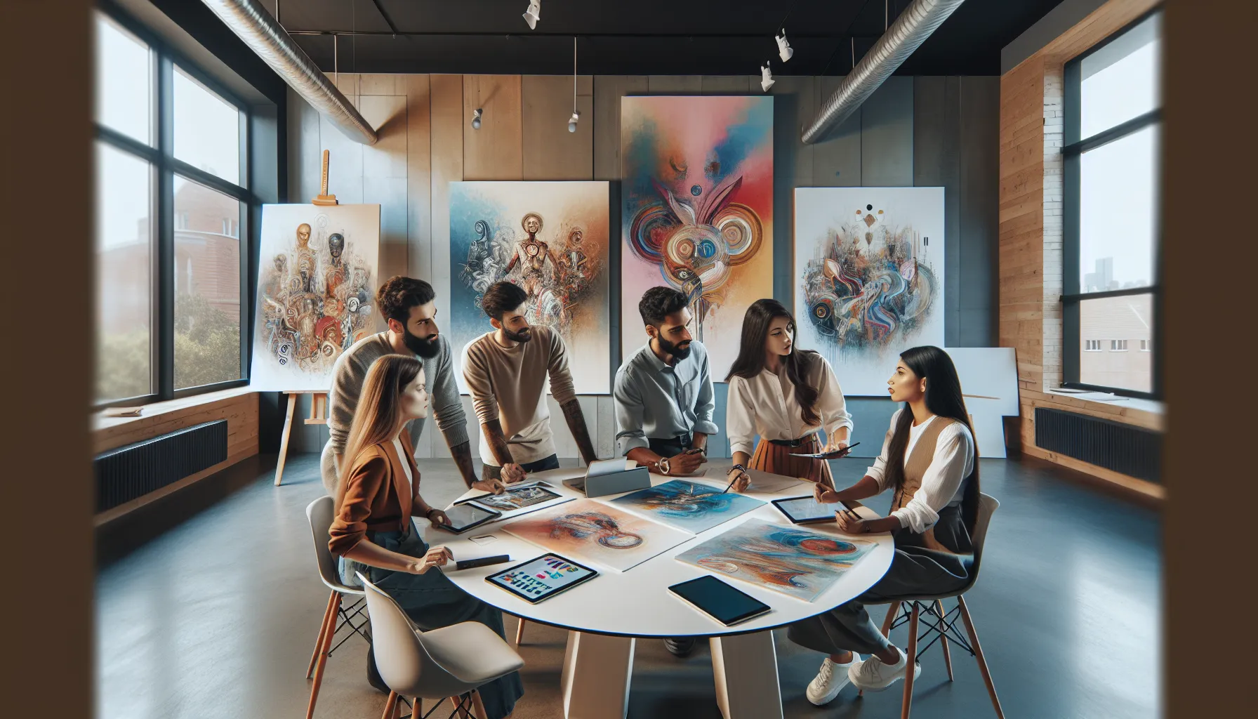 diverse artists collaborating in a modern art studio.