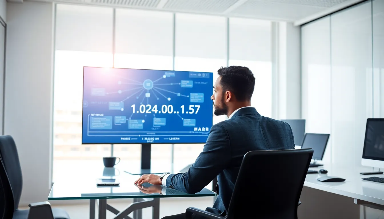 IT professional analyzing network details in a modern office.