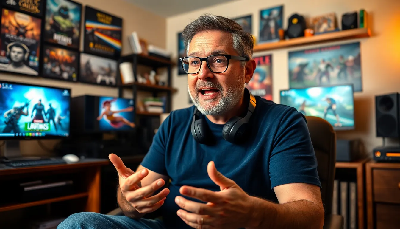 Larry, a gaming influencer, explains strategies in his home office.