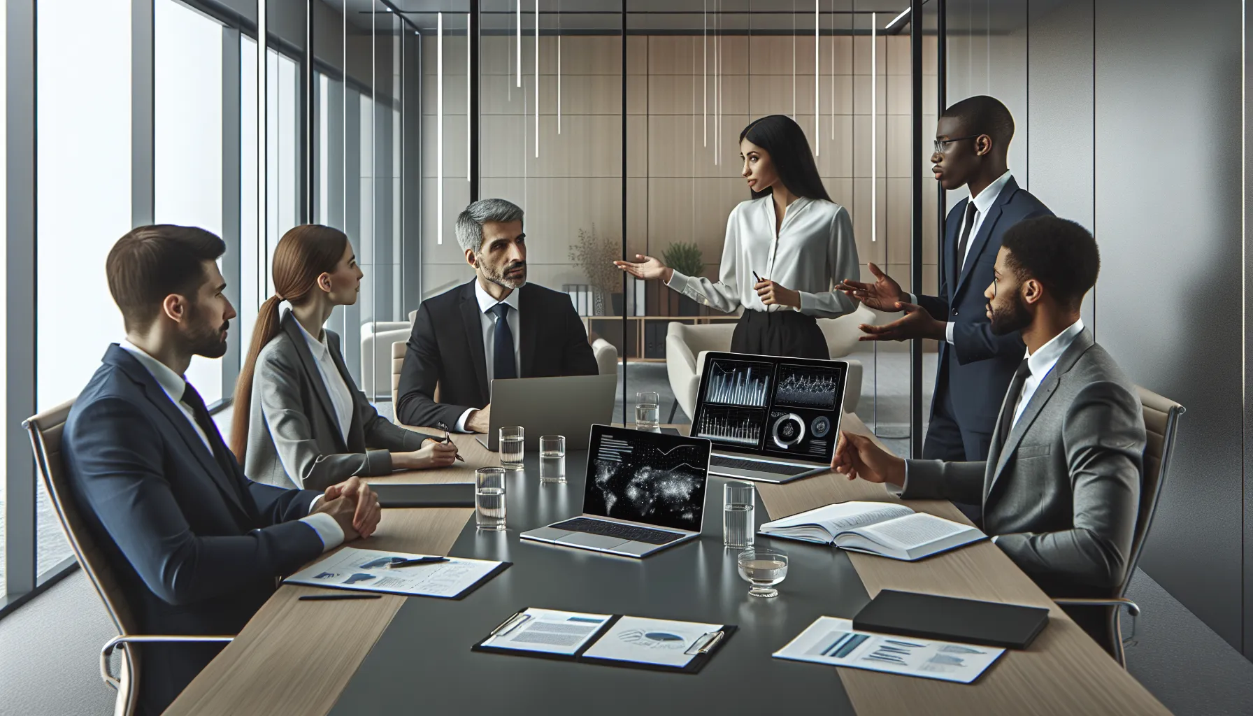 diverse team discussing data security in a modern office.