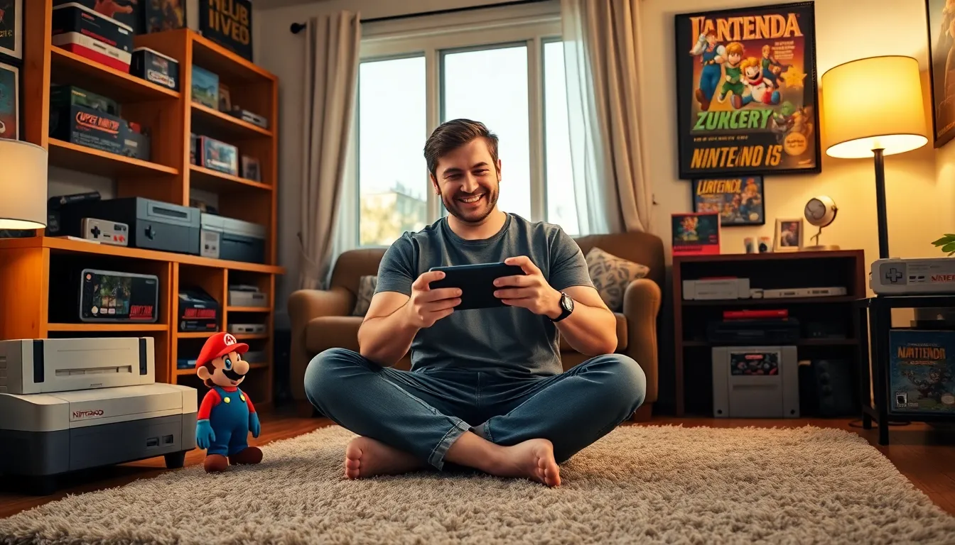 A gamer plays Nintendo Switch in a nostalgic living room filled with memorabilia.