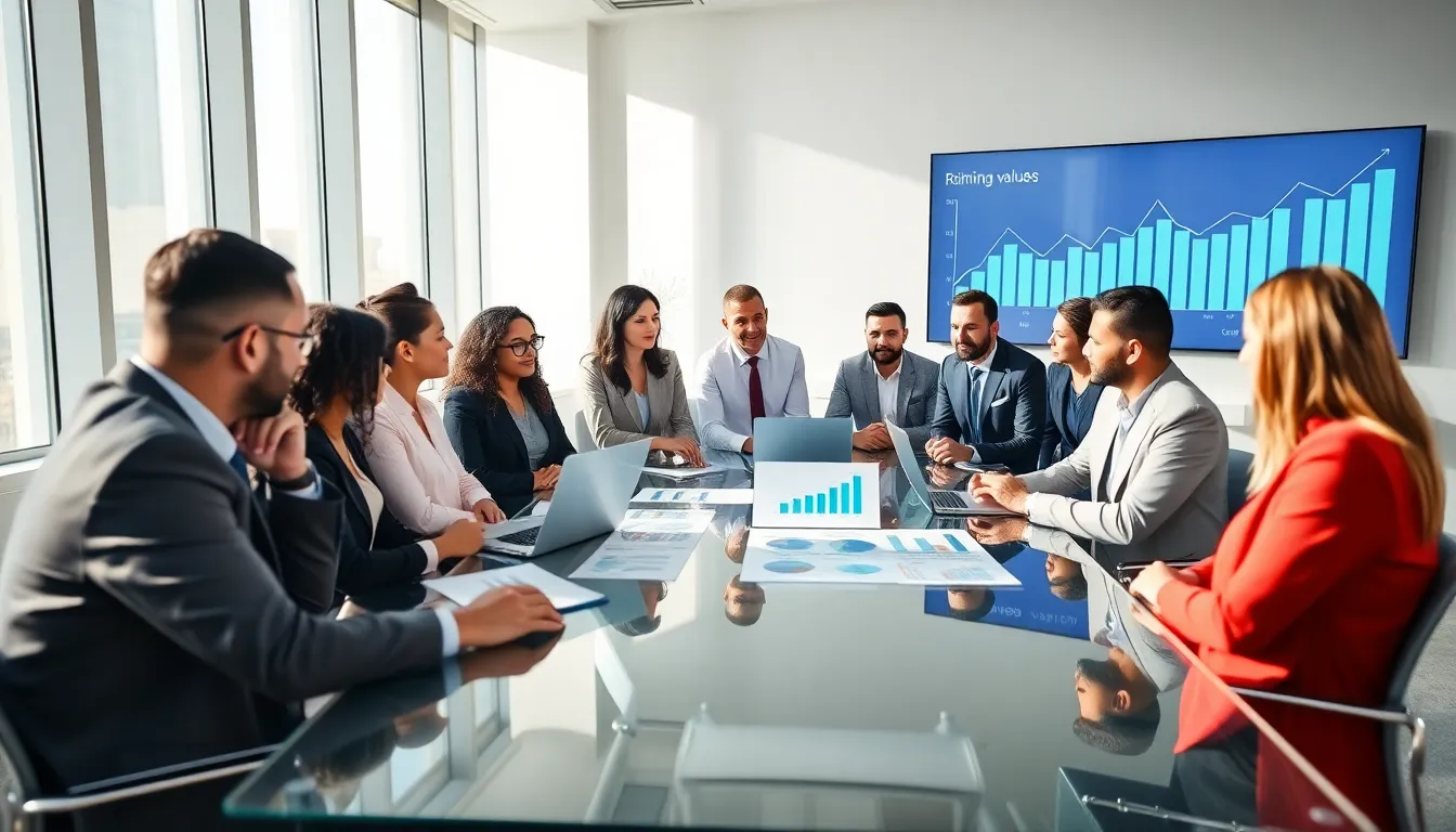 diverse professionals discussing real estate investment strategies in a modern office.
