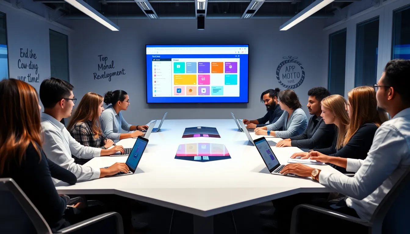 diverse team collaborating on low code application development.