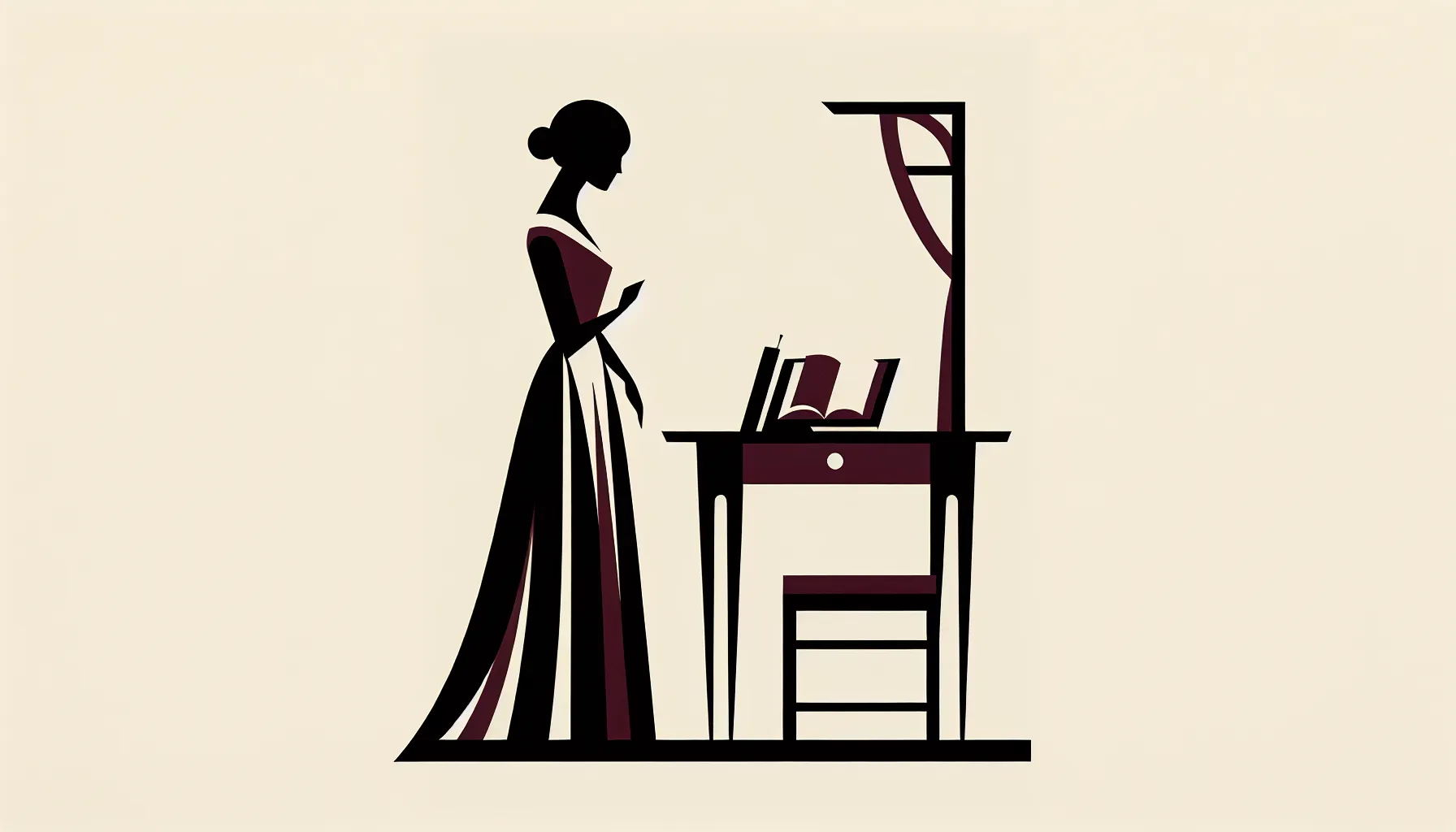 Woman in 19th century dress standing beside writing desk with open book