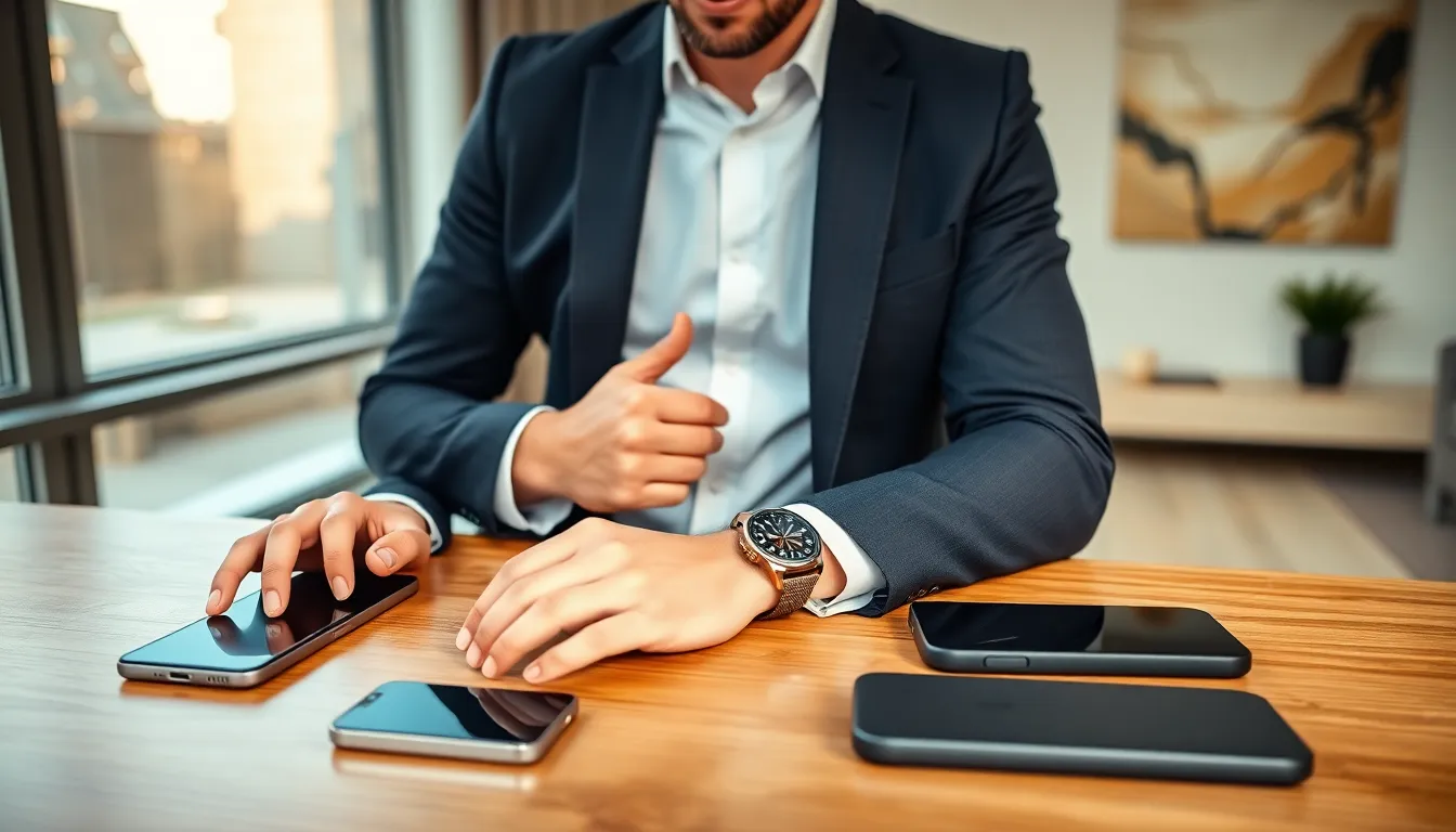 well-dressed man using stylish tech accessories in a sleek office.
