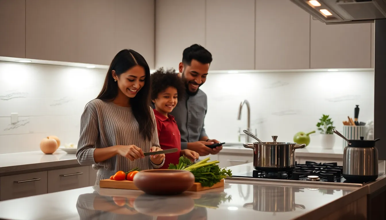 family preparing food in a well-lit modern kitchen.