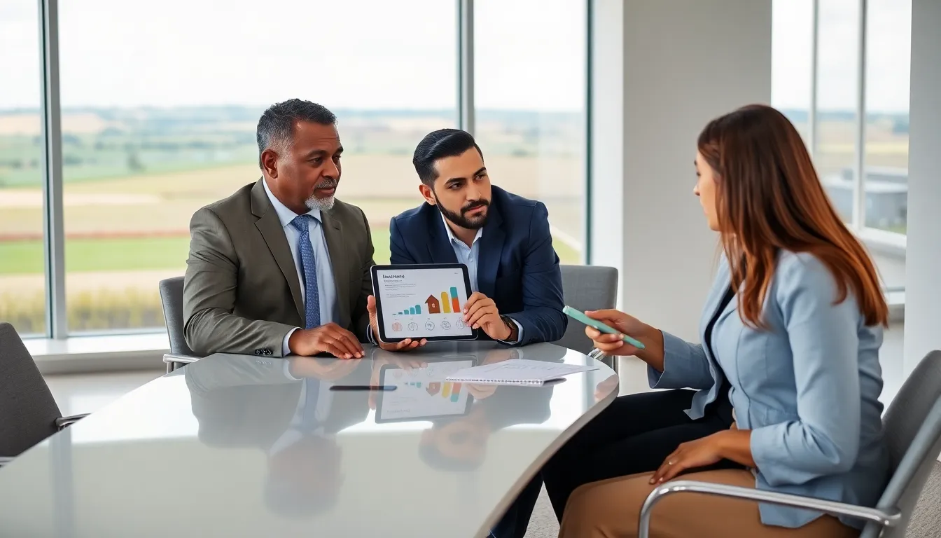 diverse professionals discussing rural housing loans in a modern office.