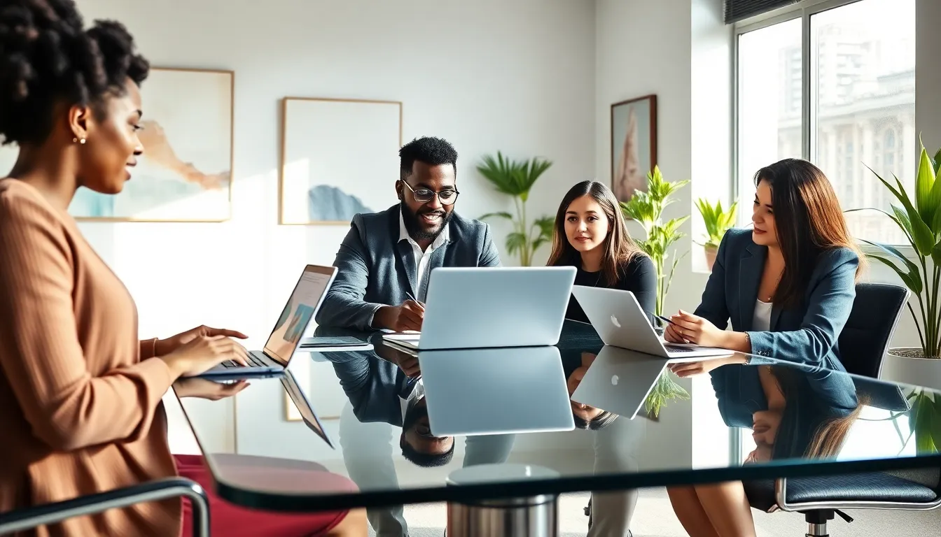 diverse bloggers collaborating in a modern office setting.