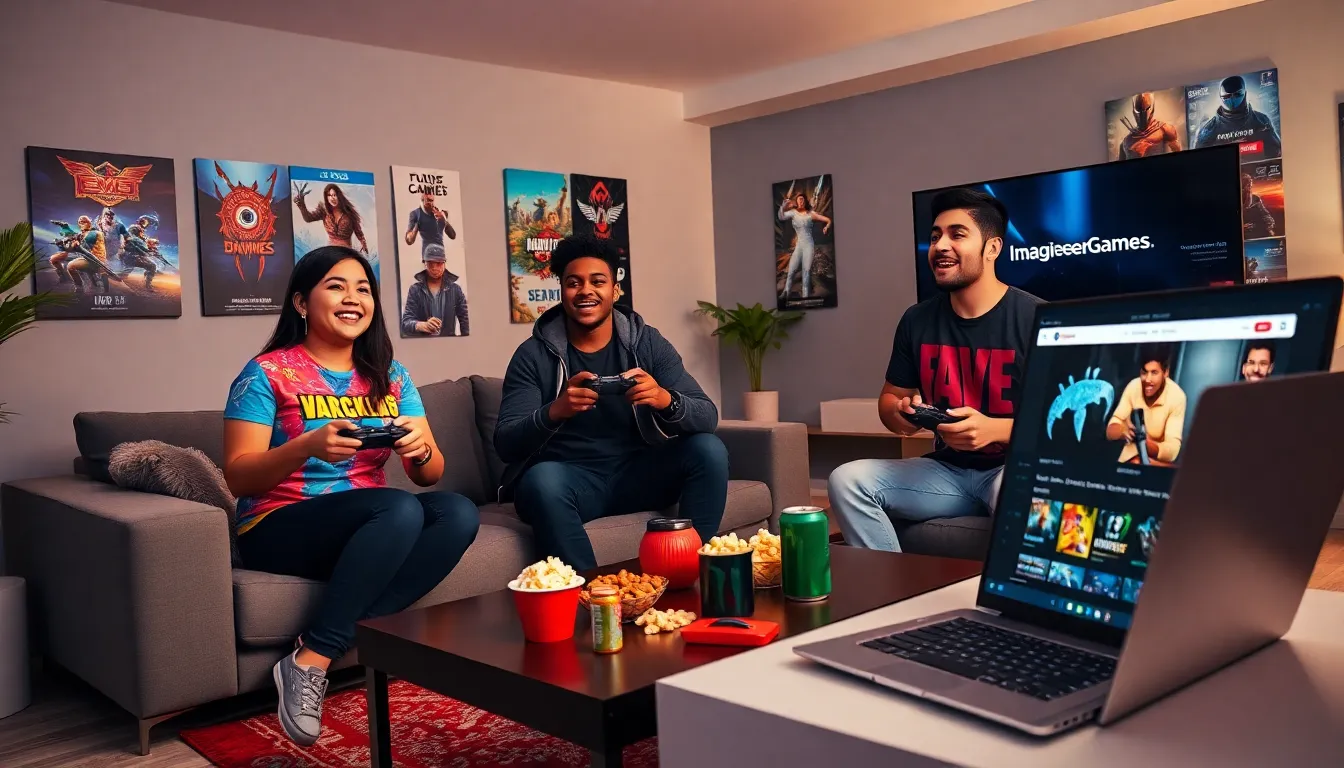 A diverse group of friends gaming together in a modern living room.
