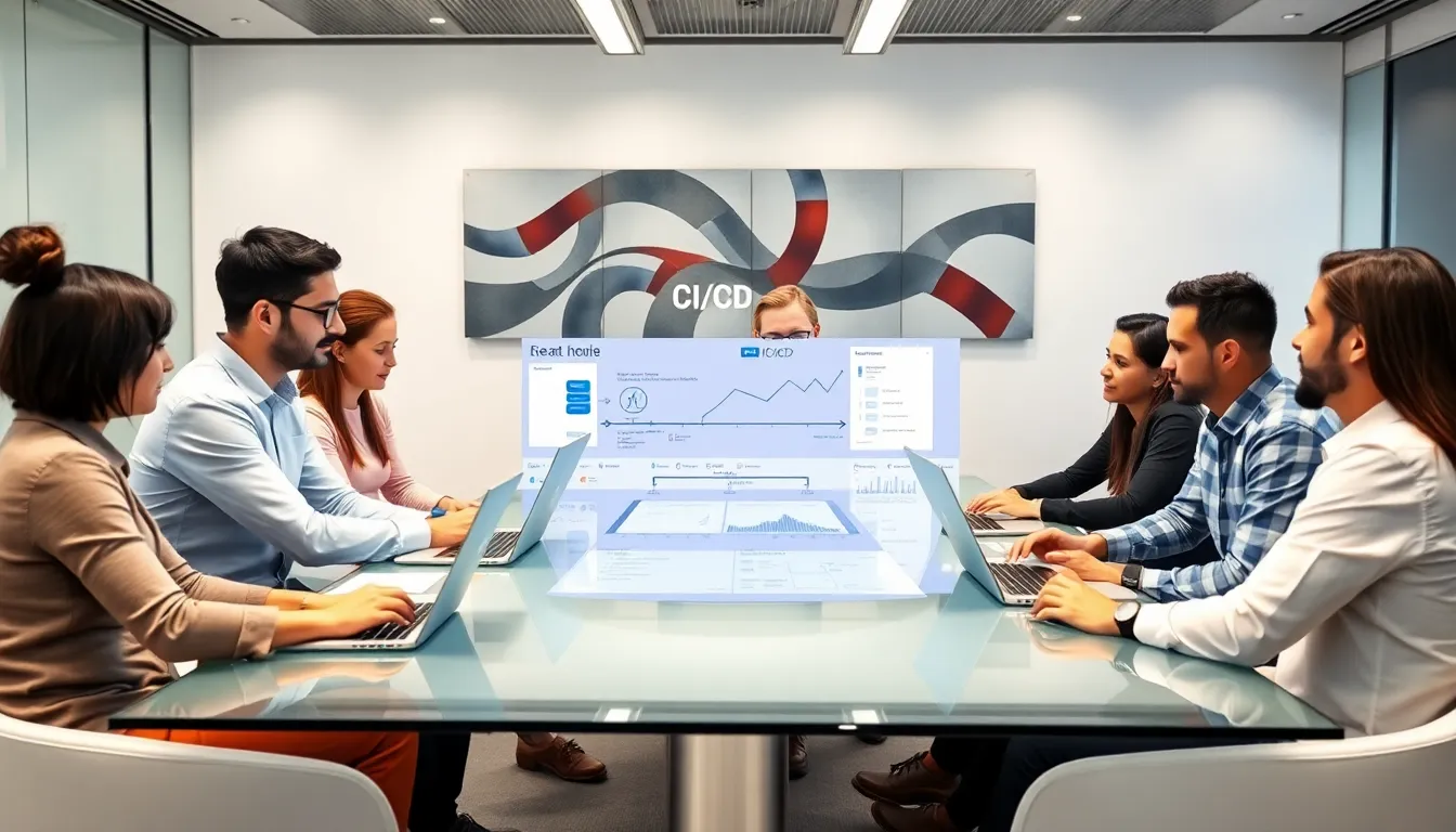 diverse team of DevOps experts collaborating in a modern office.