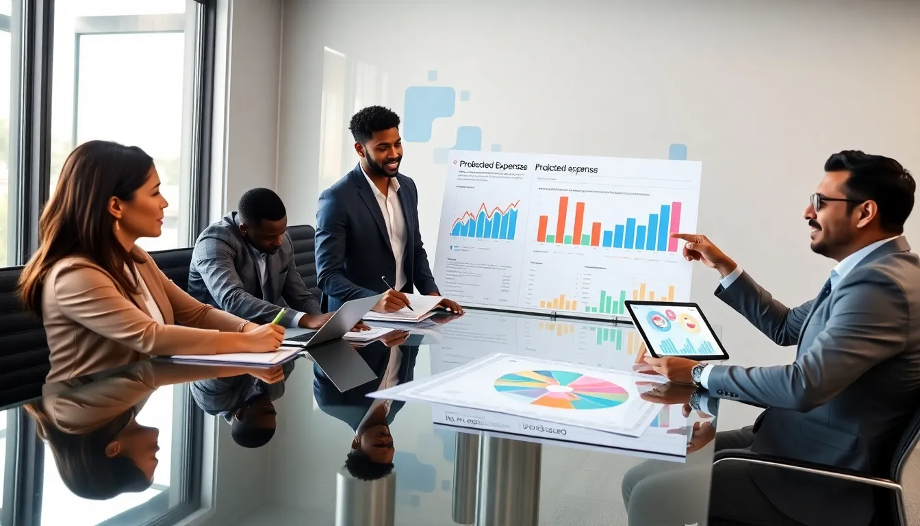 diverse team discussing annual expenses in a modern office.