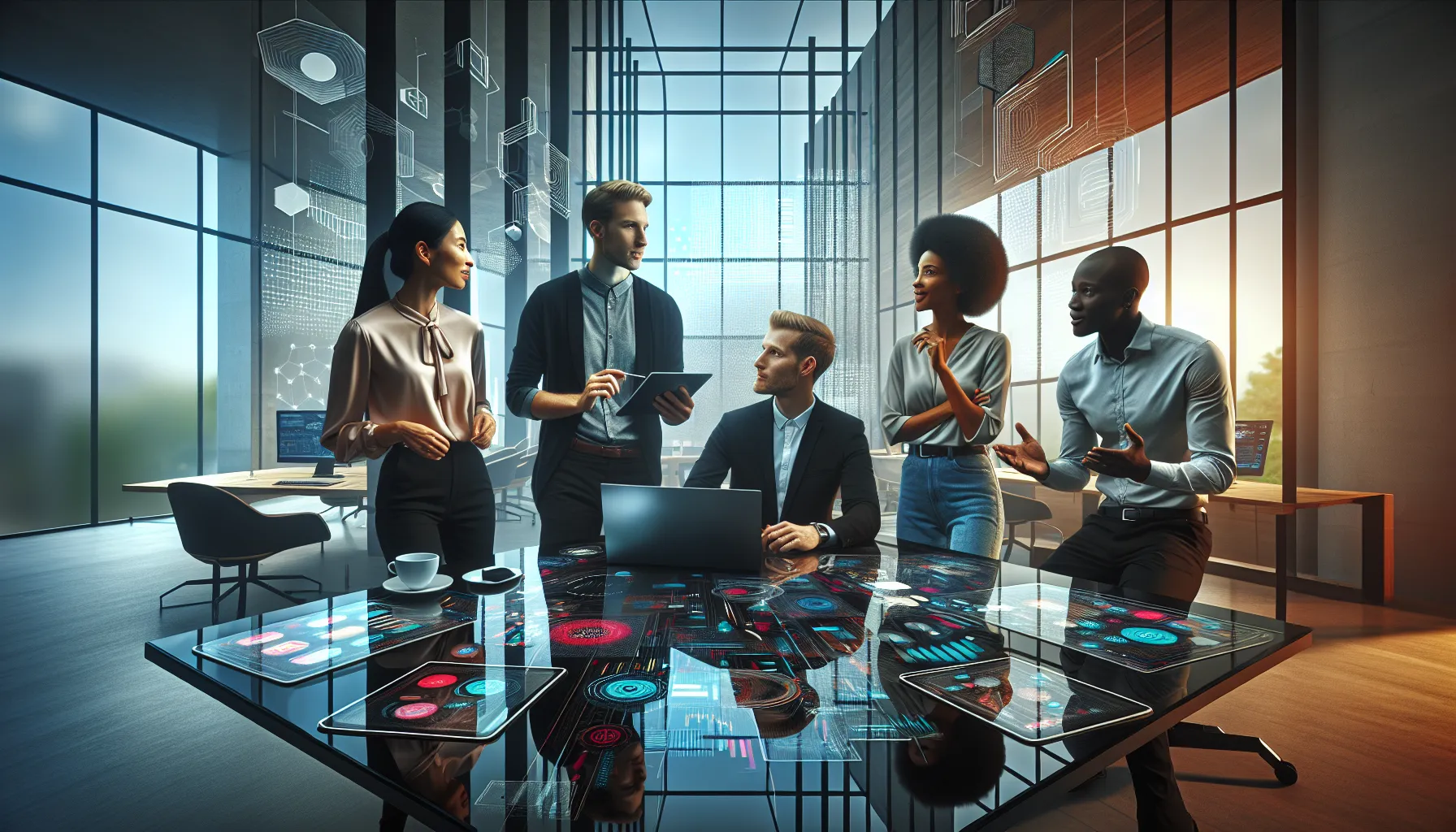 diverse team collaborating on innovative technology in a modern office.