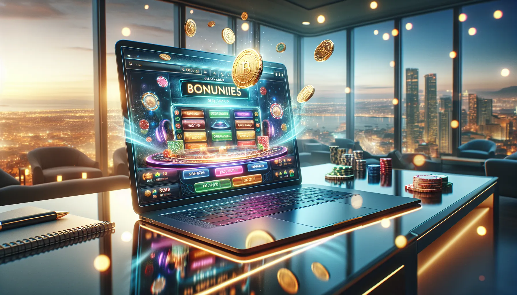 Laptop displaying online casino bonus offer on a stylish desk.