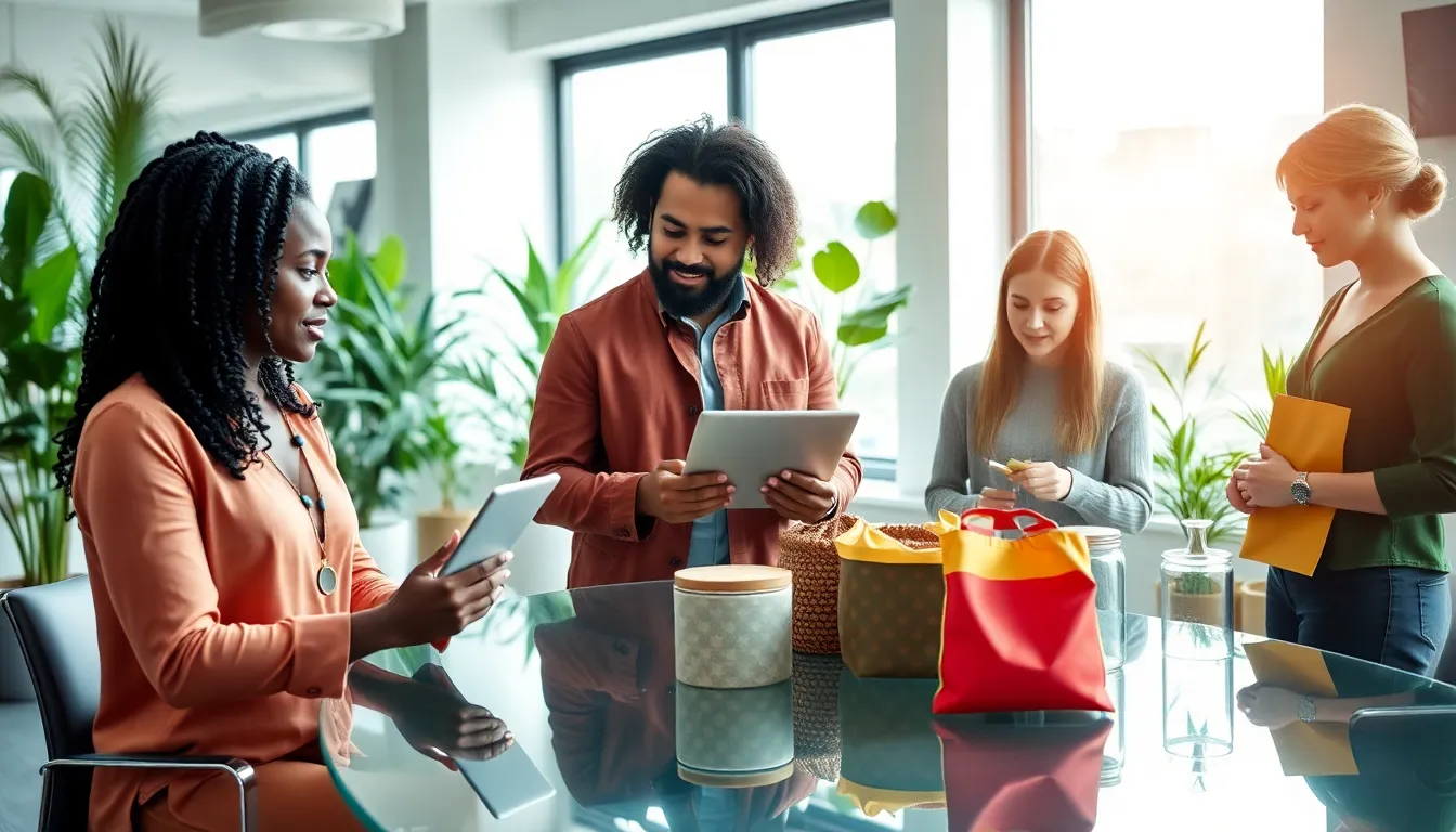 diverse professionals discussing sustainable living in a modern office.