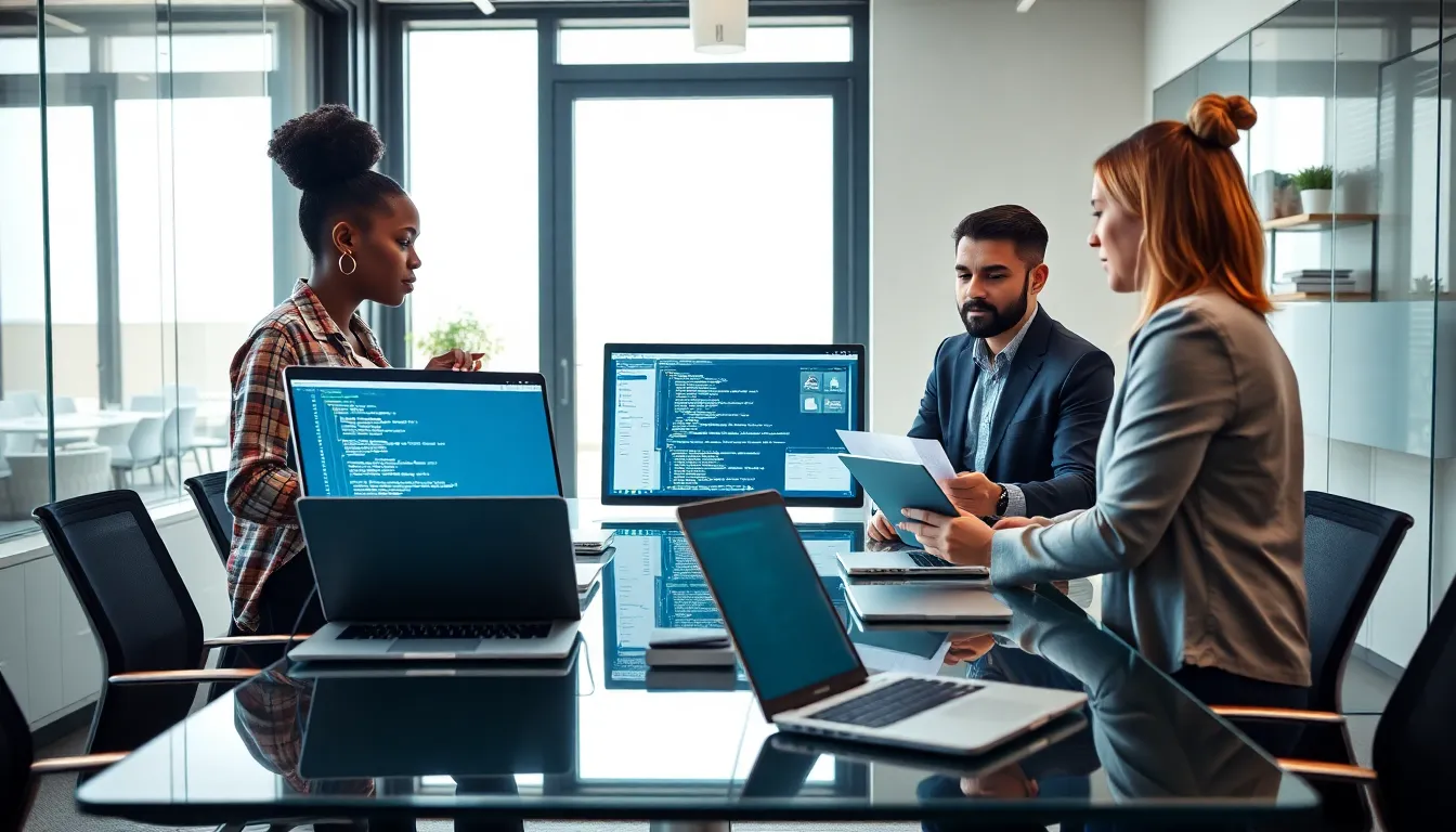 diverse developers collaborating in a modern office on PaaS applications.