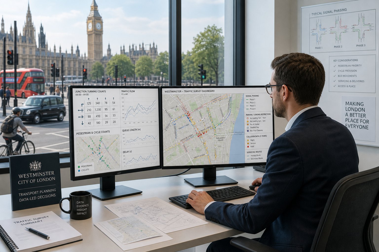Traffic engineer reviewing Westminster transport survey data in a modern office.