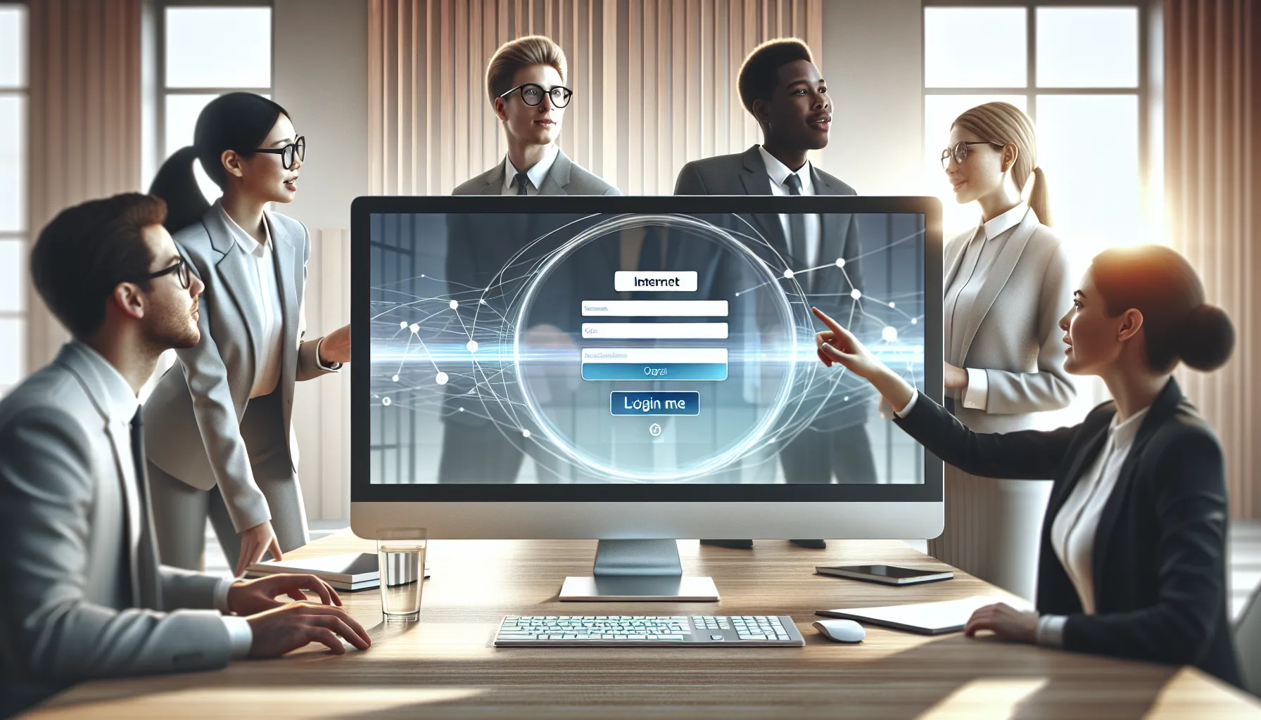 diverse group using a digital login page in a modern office.