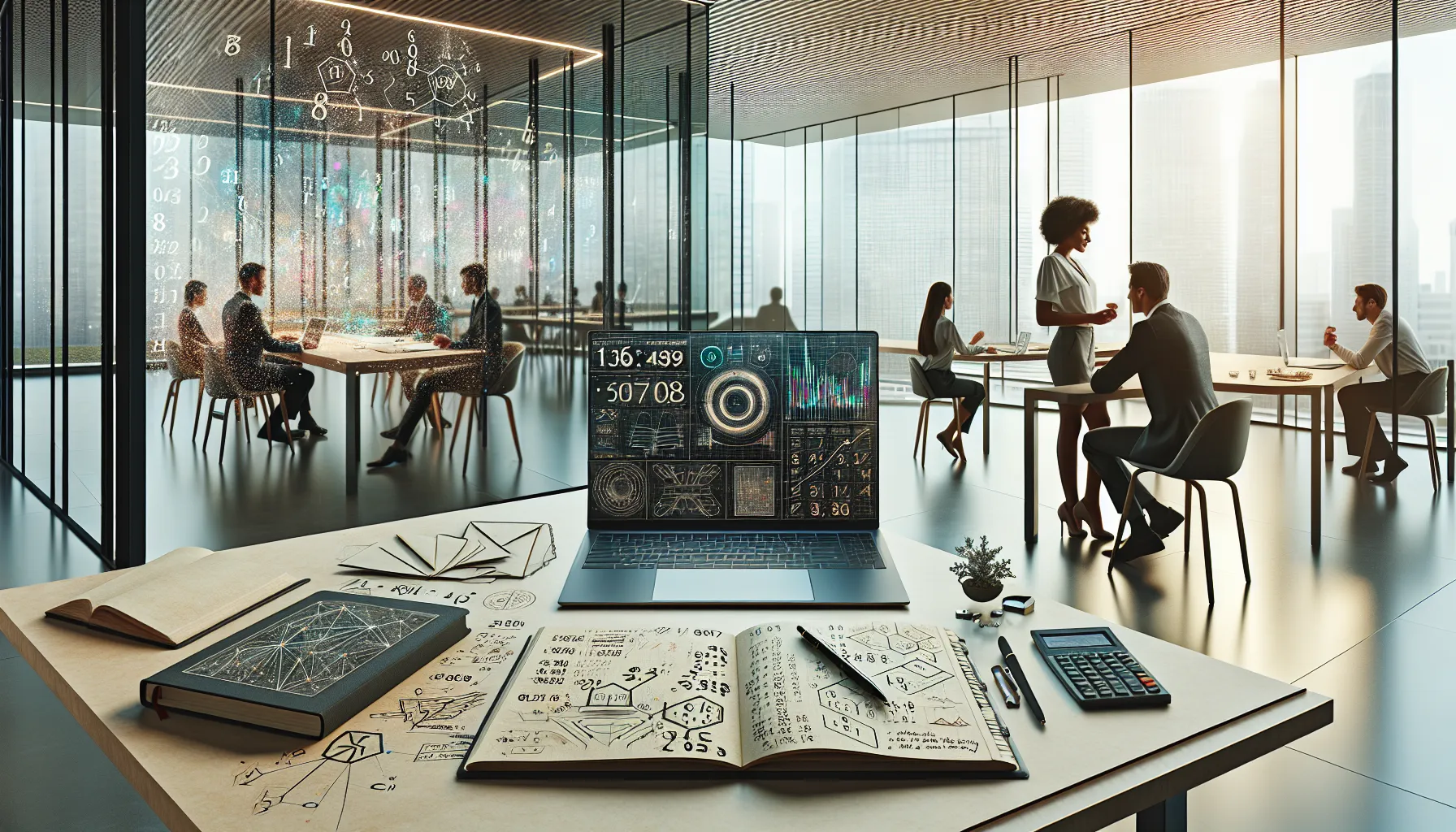 diverse professionals discussing numerical trends in a modern office.