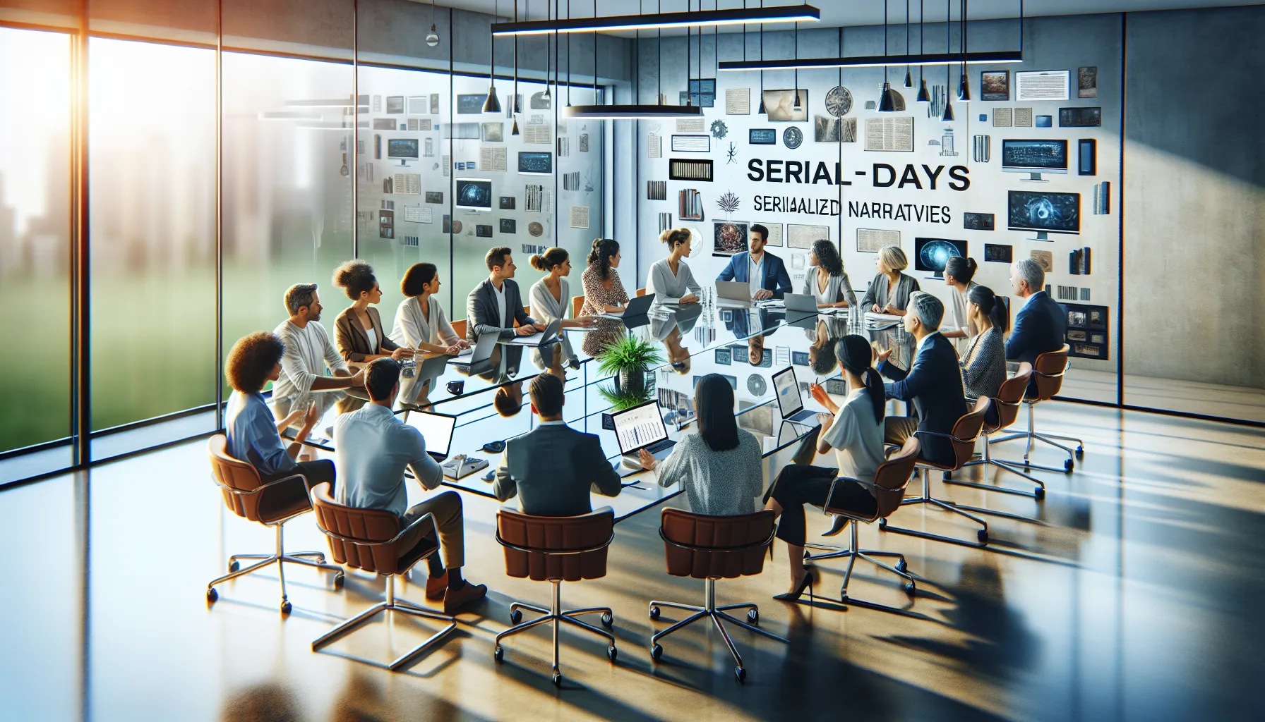 diverse professionals collaborating on serialized storytelling in a modern office.