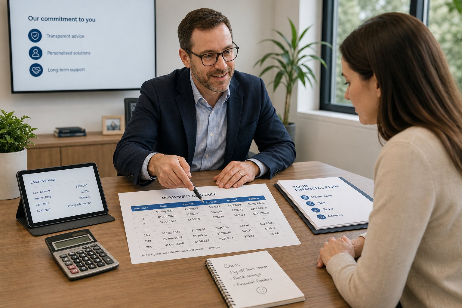 Finance adviser explaining repayment documents and costs to a client in a clean meeting room.