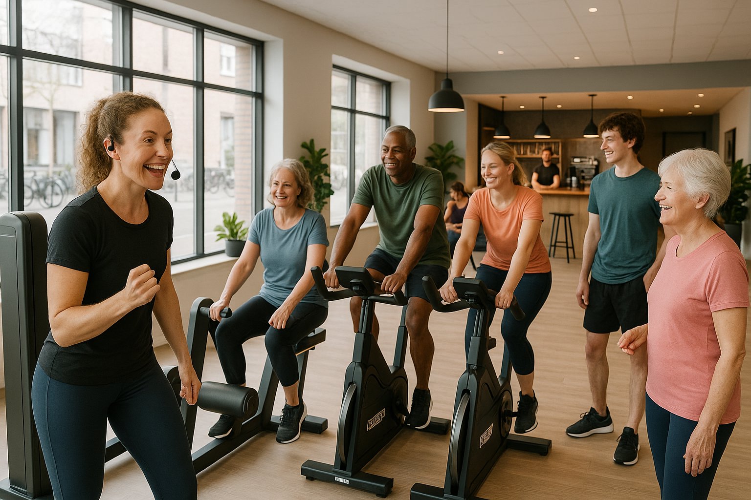 People of all ages working out and connecting in a modern Dutch gym.