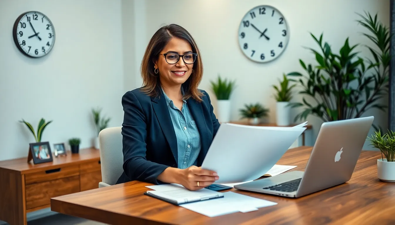 small business owner balancing work and family in a modern office.