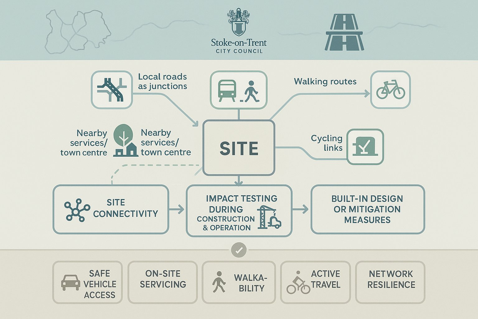Infographic of transport planning factors for a Stoke-on-Trent development site.
