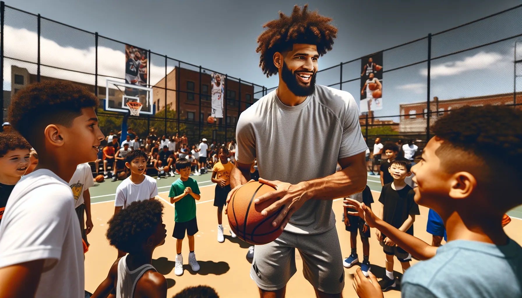 Robin Lopez engaging with children at a basketball camp promoting diversity.