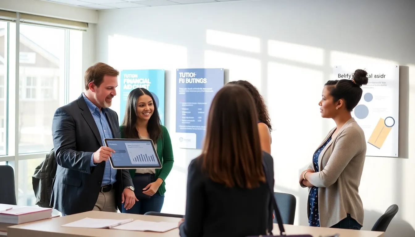 diverse students discussing tuition in a university office.