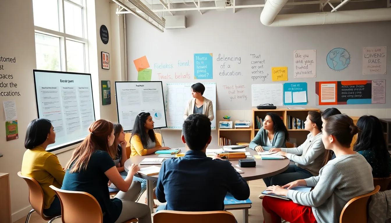 diverse students collaborating in a bright alternative education classroom.