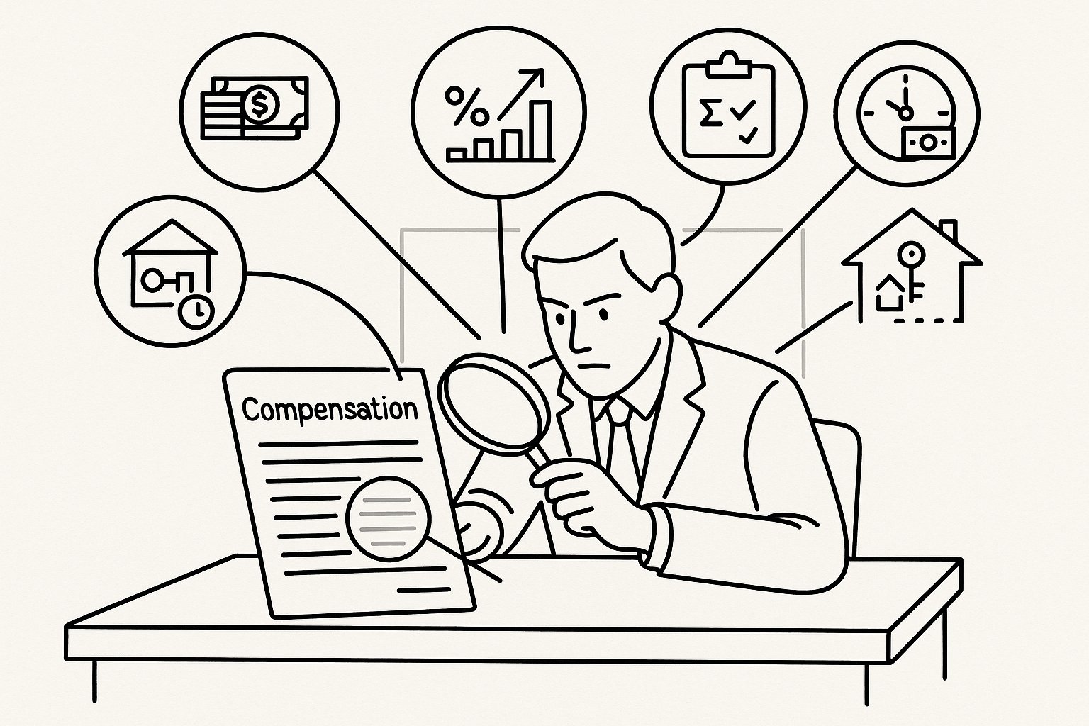 Attorney examining a compensation contract with icons for salary, bonuses, and equity.