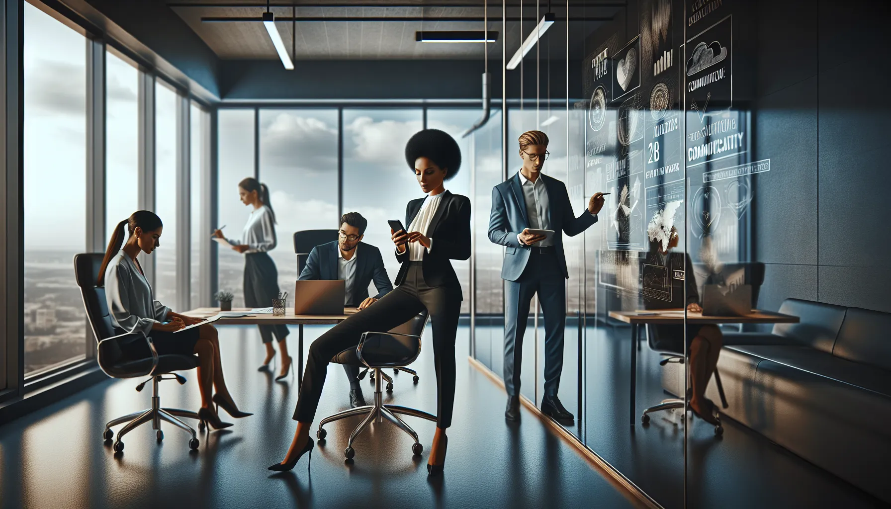 diverse team engaged in communication in a modern office.