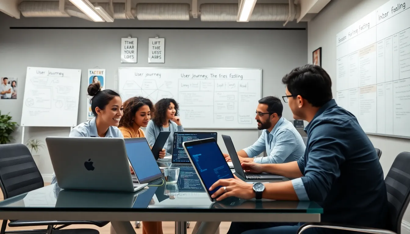 diverse team collaborating on startup software development in a modern office.
