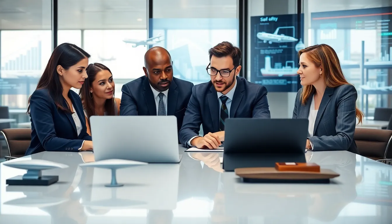 diverse team discussing transportation safety strategies in a modern office.