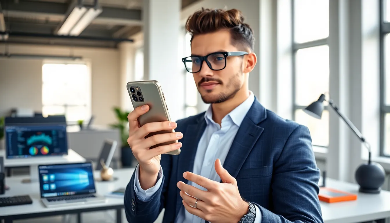 individual holding a stylish Samsung gadget case in a modern office.