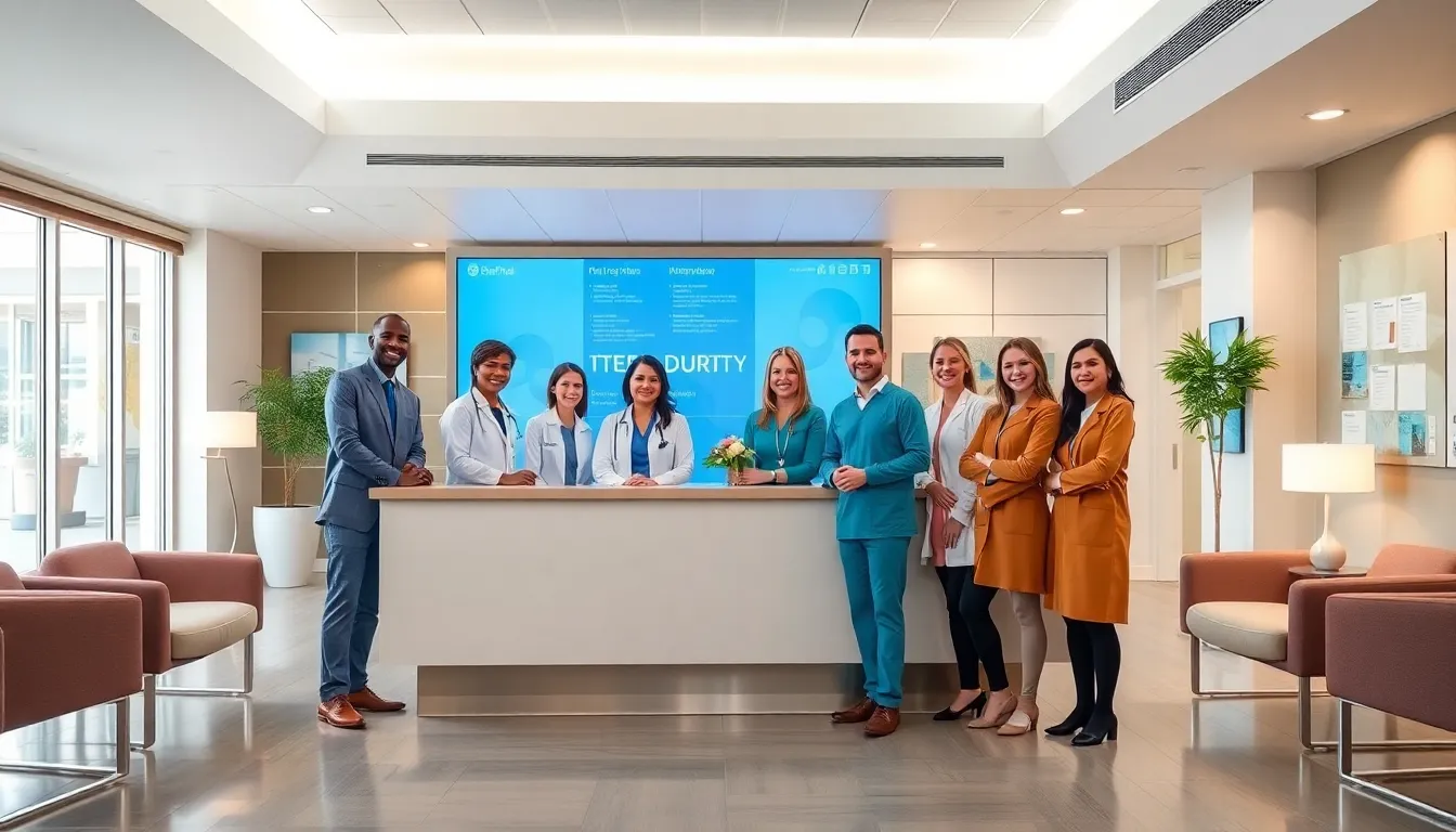 Modern healthcare facility with diverse staff and welcoming atmosphere.