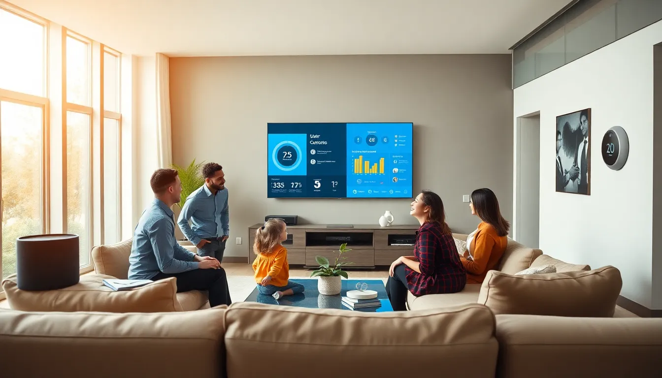 diverse family interacting in a modern smart home environment.