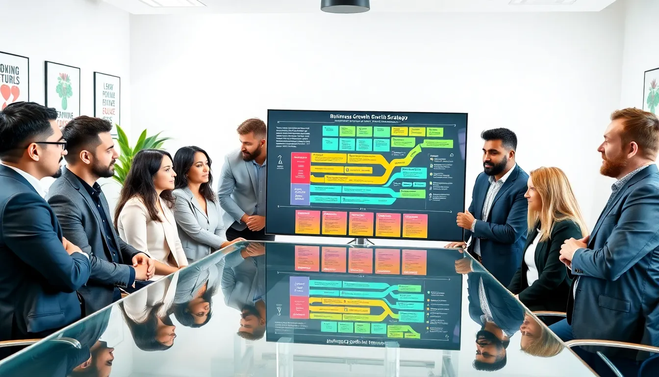 diverse business team discussing growth strategies in a modern office.