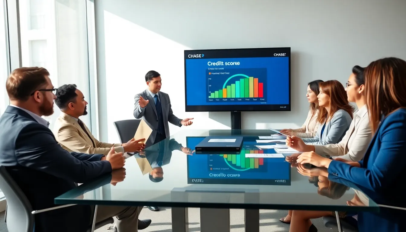 diverse professionals discussing credit scores in a modern office.
