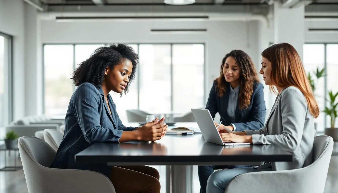 Diverse professionals discussing parenting structures in a modern office.