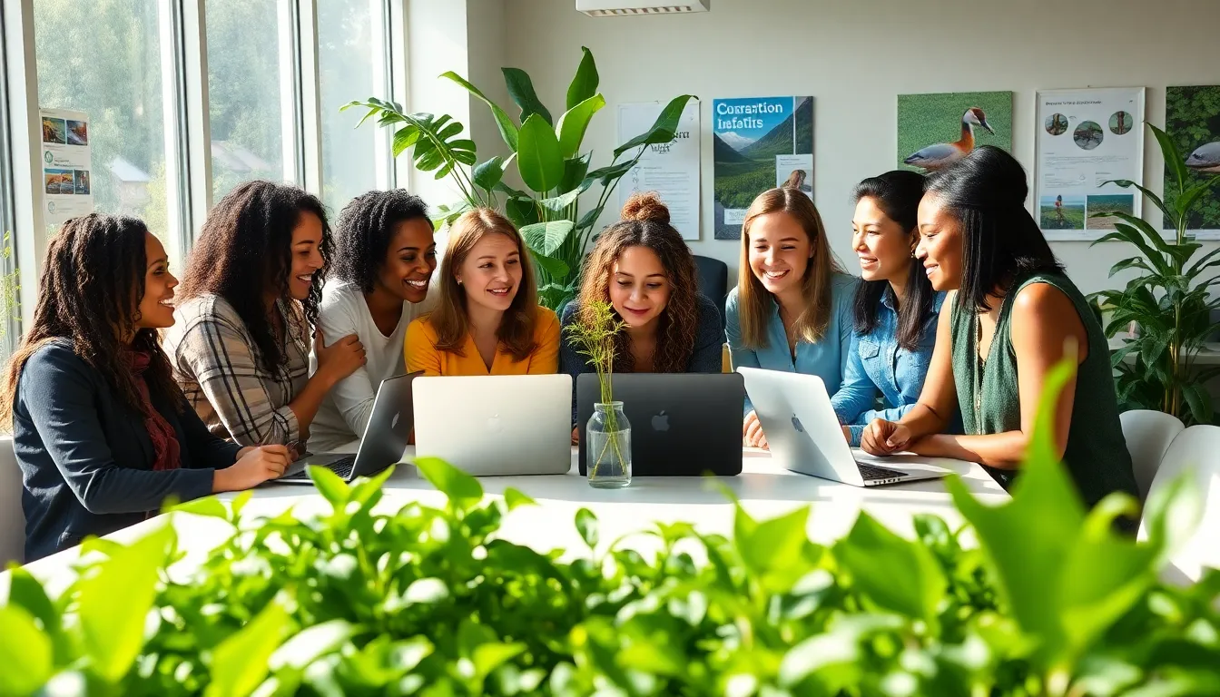 diverse team collaborating on conservation initiatives in a modern office.