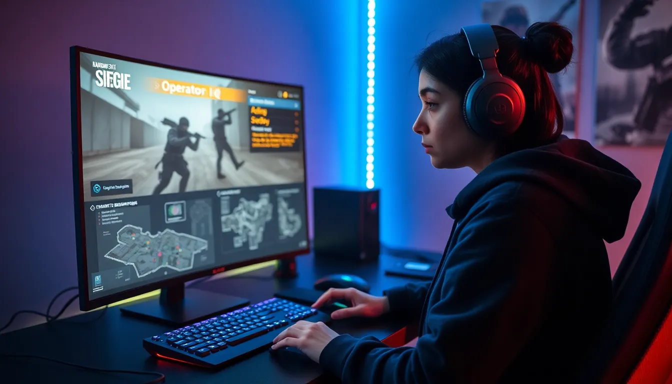 gamer focusing on Rainbow Six Siege with tactical screens.