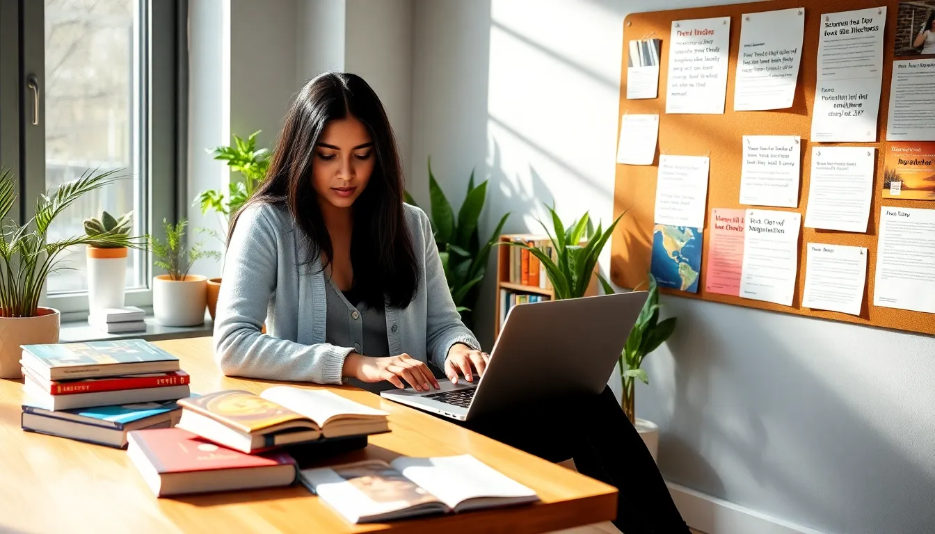 a woman working at a desk with Redwebzine articles and plants around her.