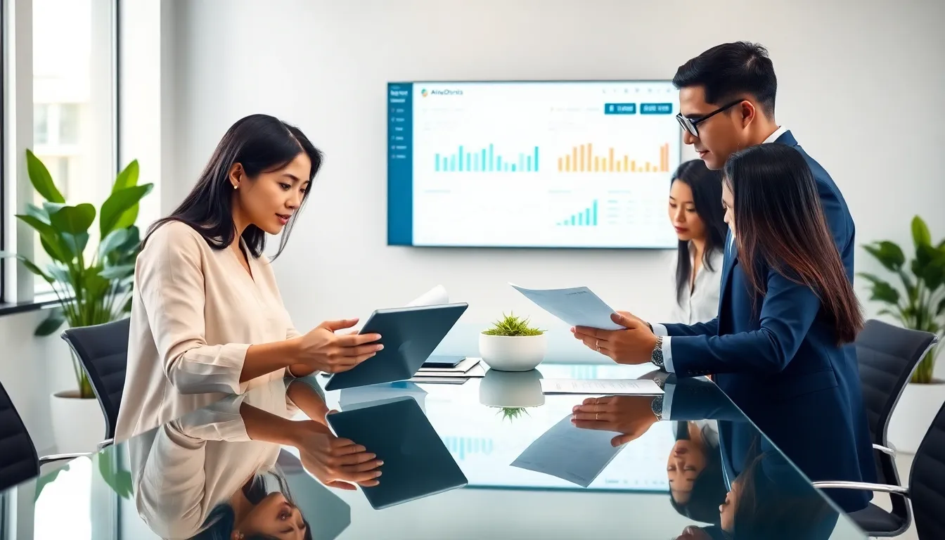 diverse team collaborating in a modern office on productivity tools.