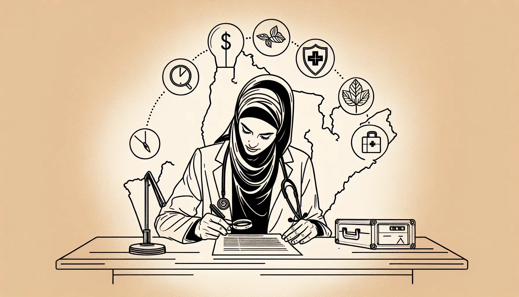 Veterinarian at desk reviewing a contract with Vermont outline and clause icons.