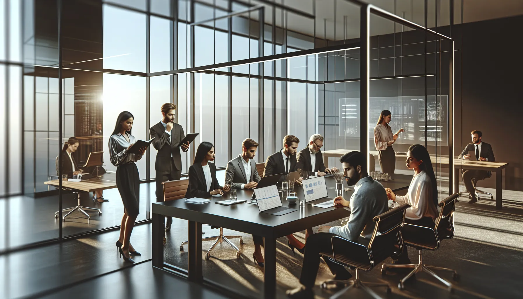 diverse professionals collaborating in a modern office setting.