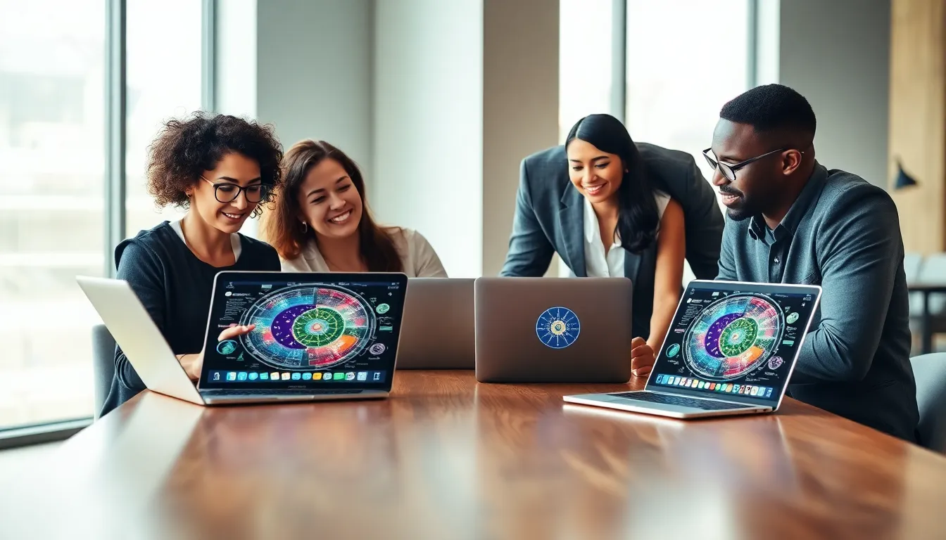 diverse team discussing astrology in a modern office.