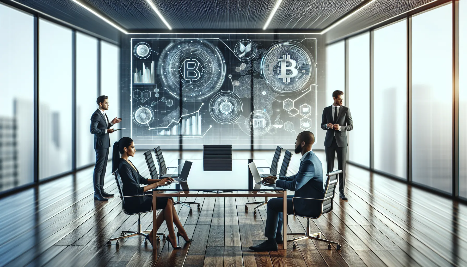 diverse team collaborating over cryptocurrency trends in a modern office.