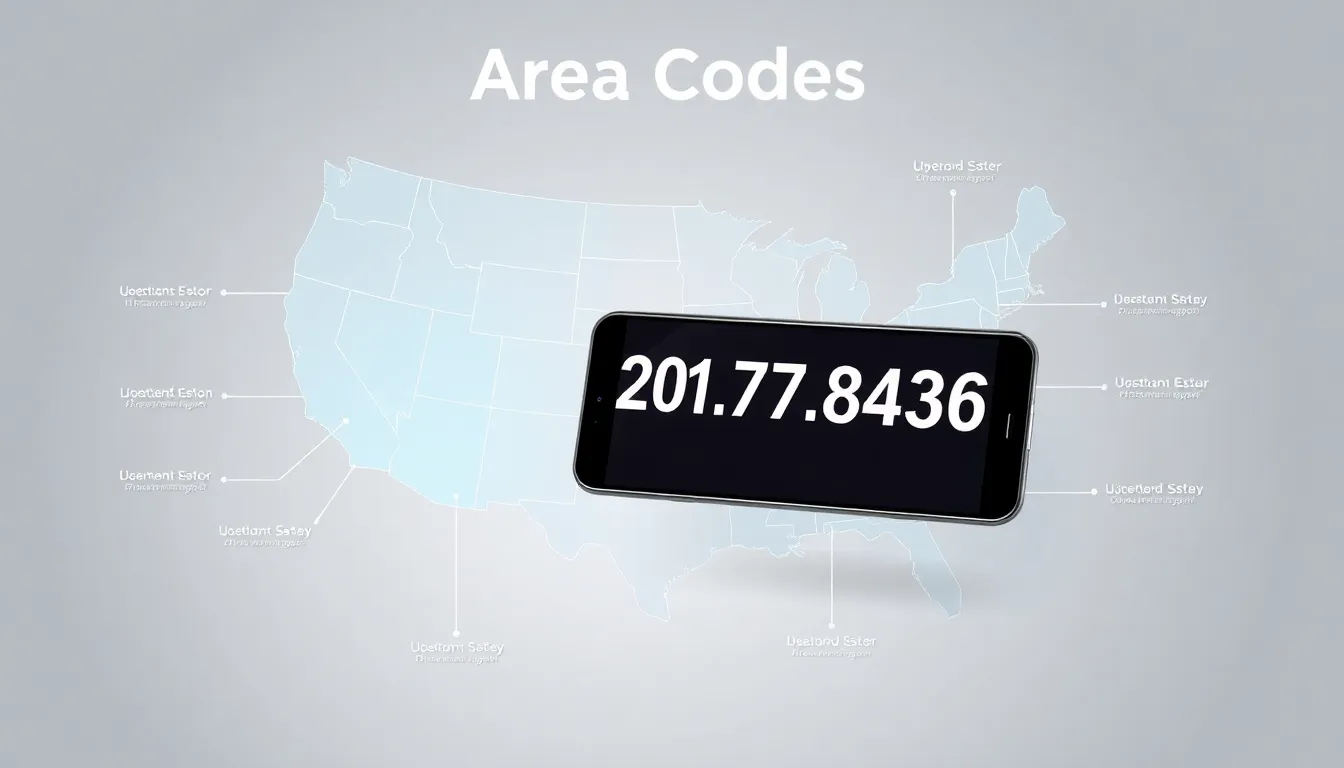 Infographic of area codes highlighting 201.771.8436 in the US.